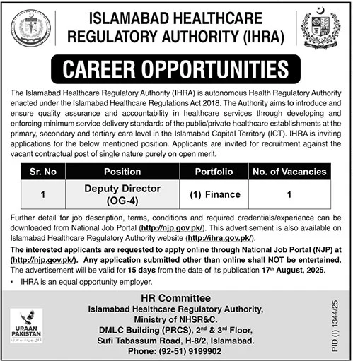 Jobs in Islamabad Healthcare Regulatory Authority Islamabad